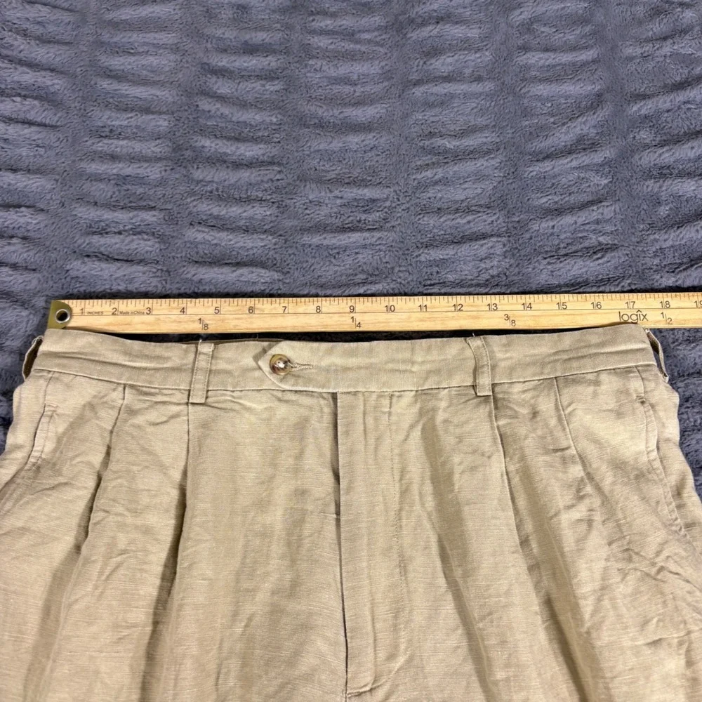 Jos A Bank Mens 35x32 Linen Tencel Pleated Cuffed Dress Pants Khaki Tan AQ370
